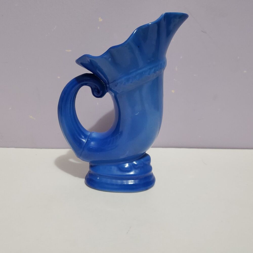 Gold Castle Japan Blue Ceramic Cornucopia Vase Home Decor 5"